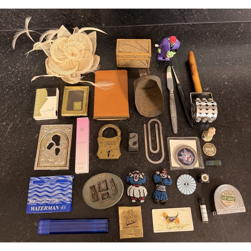 Vintage Estate Junk Drawer Lot RUGBY Lock Waterman Wills Beagle PGA Frankenstein